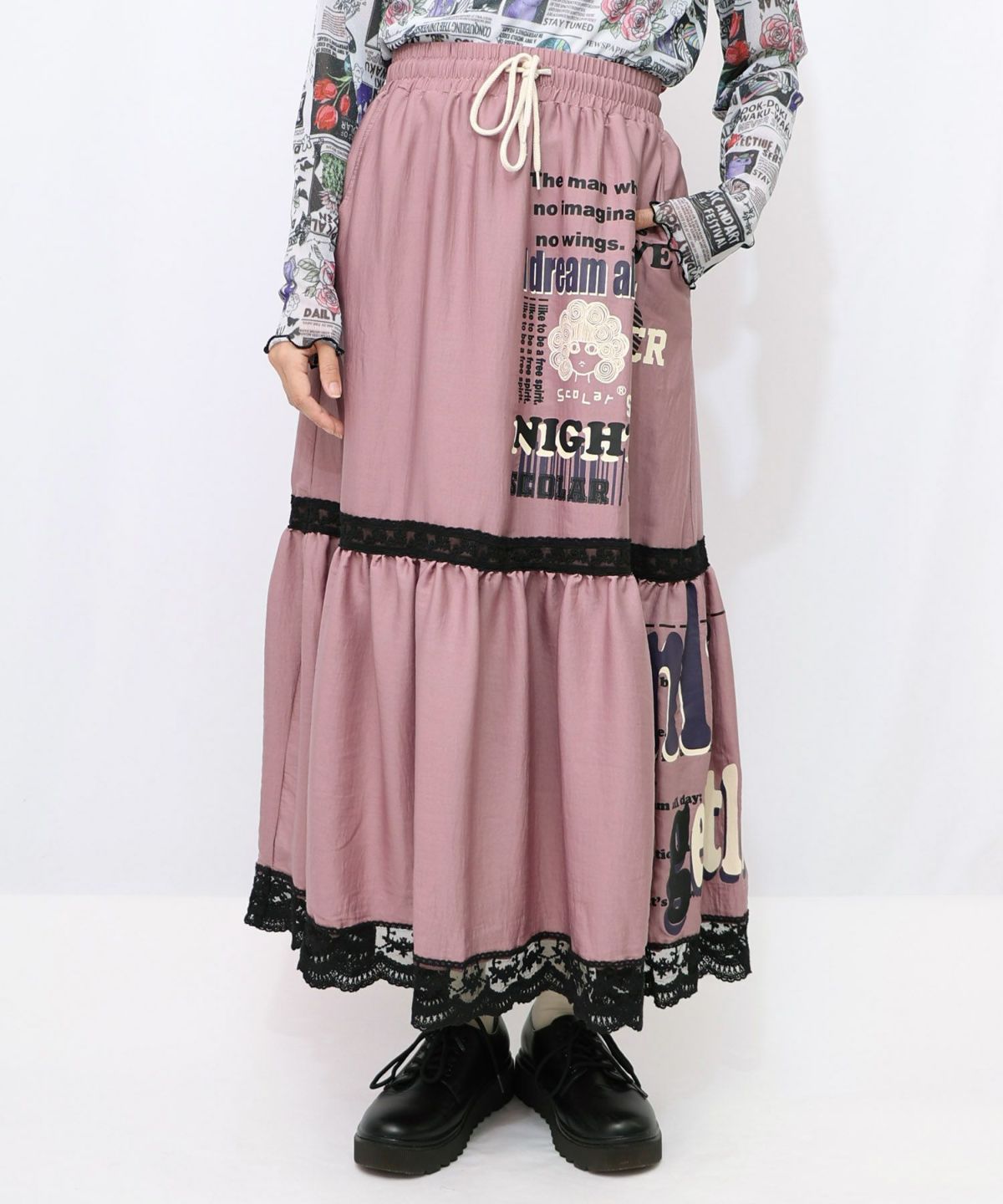 スカラーグラフィック柄 レース×サテンスカート-17