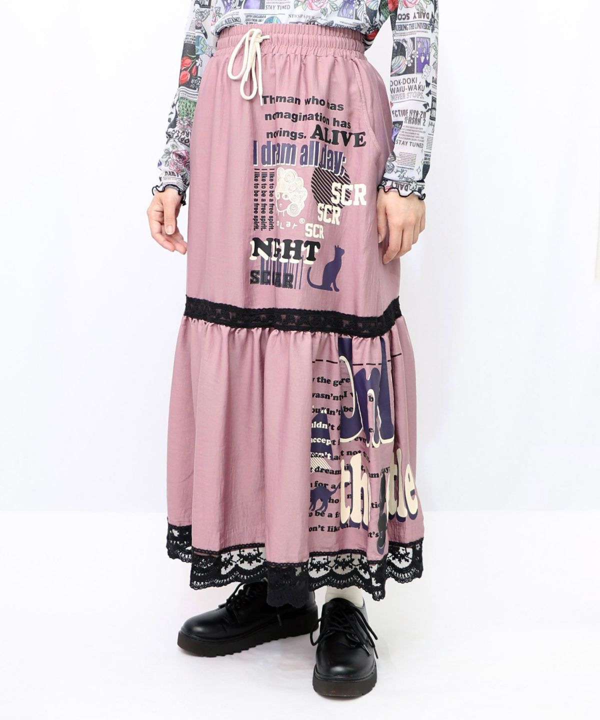 スカラーグラフィック柄 レース×サテンスカート-18