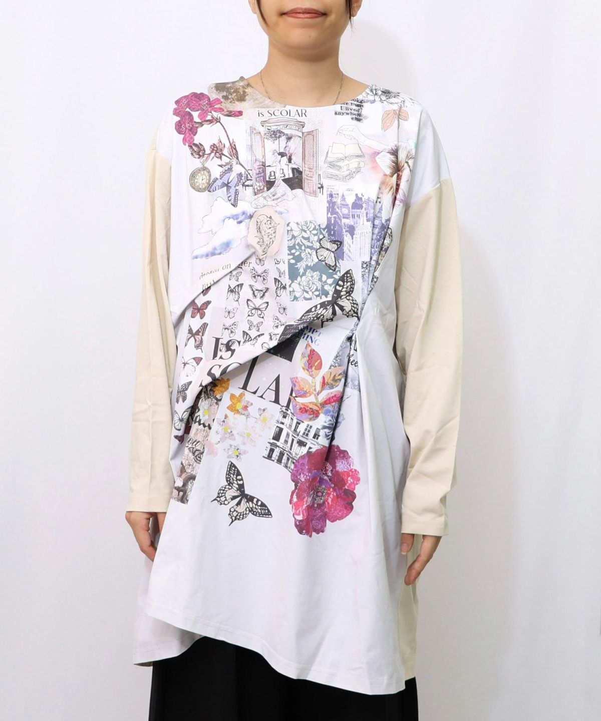 花蝶コラージュ柄ワンピース-7