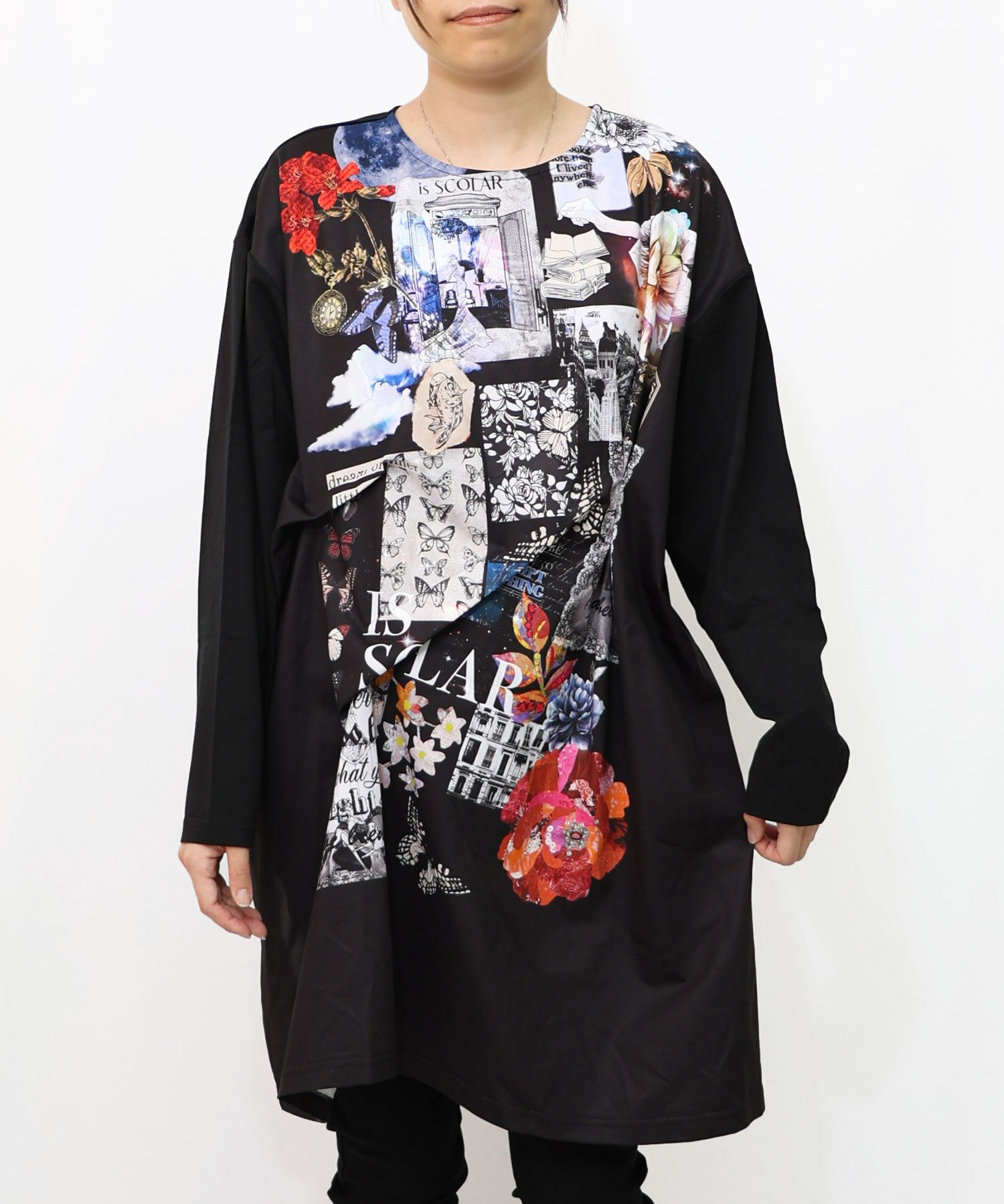 花蝶コラージュ柄ワンピース-11