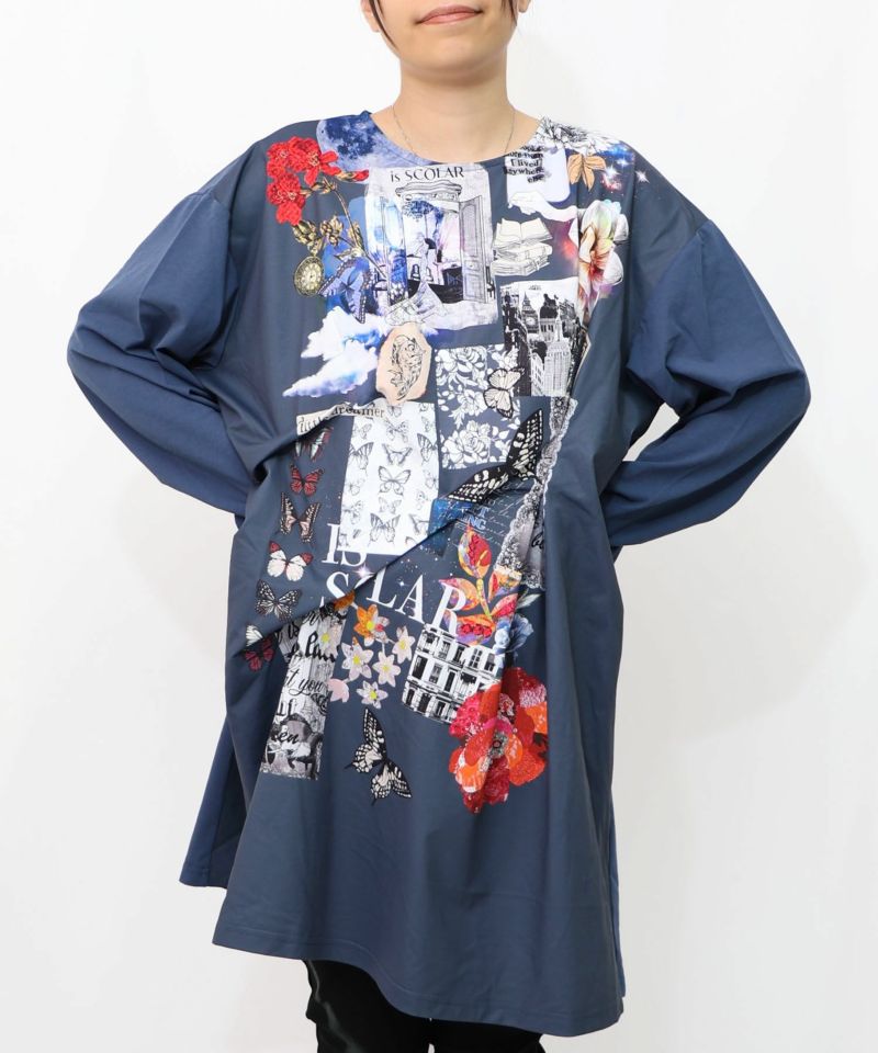 花蝶コラージュ柄ワンピース-15