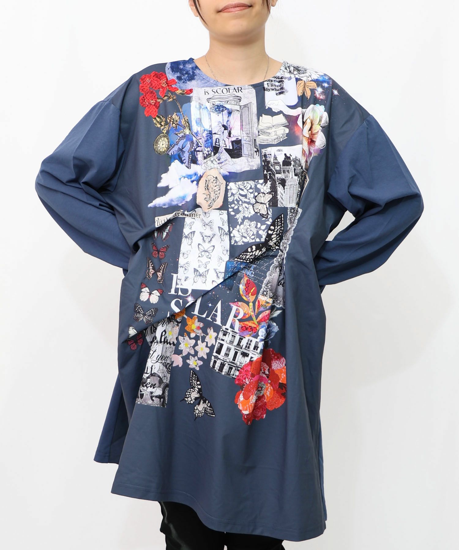 花蝶コラージュ柄ワンピース-15