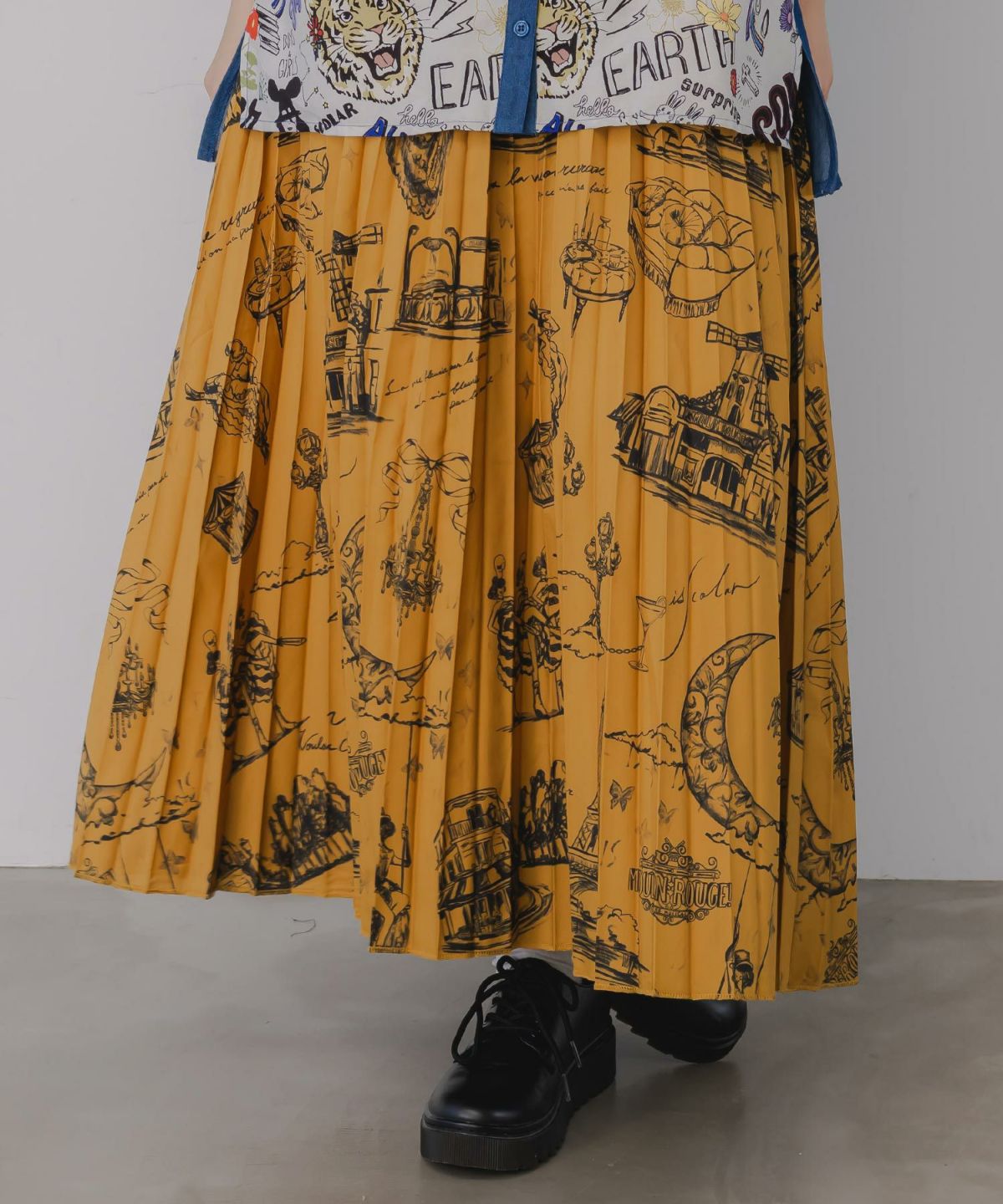 パリ・アート柄 リバーシブルプリーツスカート-1