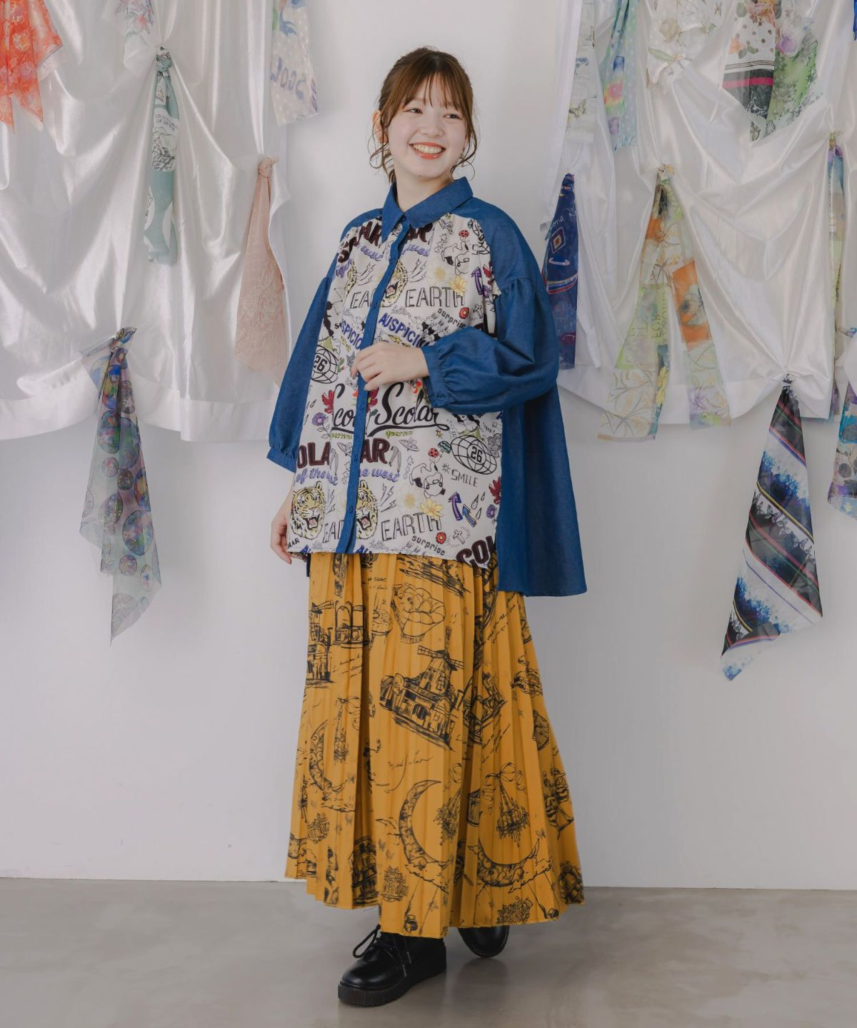 パリ・アート柄 リバーシブルプリーツスカート-2