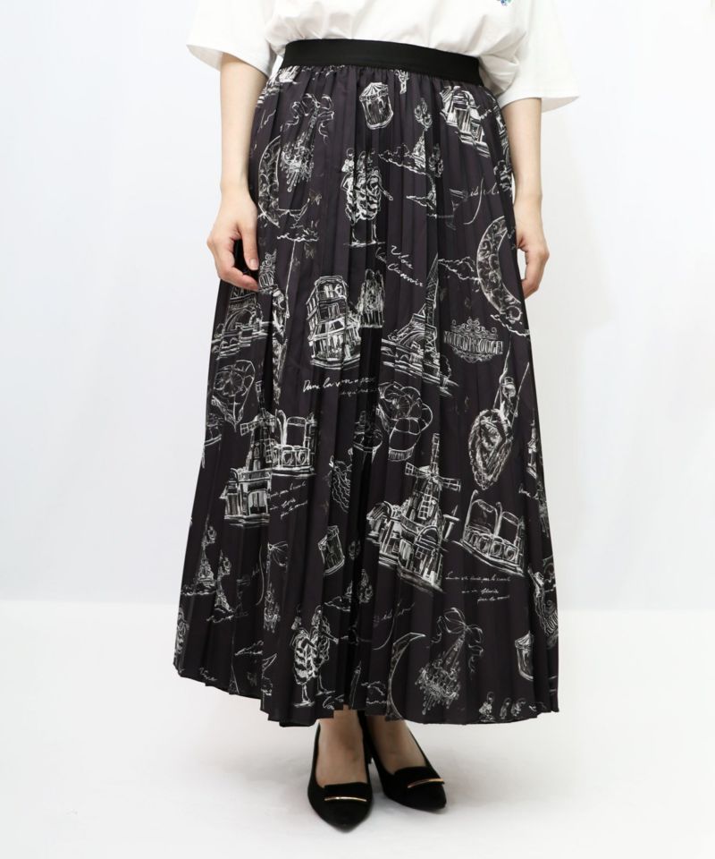 パリ・アート柄 リバーシブルプリーツスカート-9