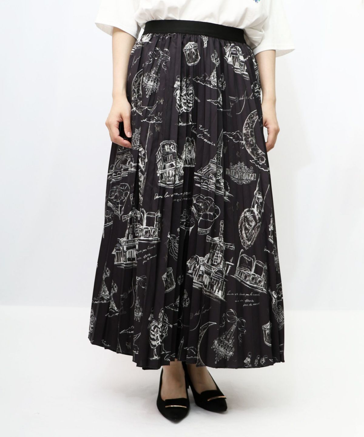 パリ・アート柄 リバーシブルプリーツスカート-9