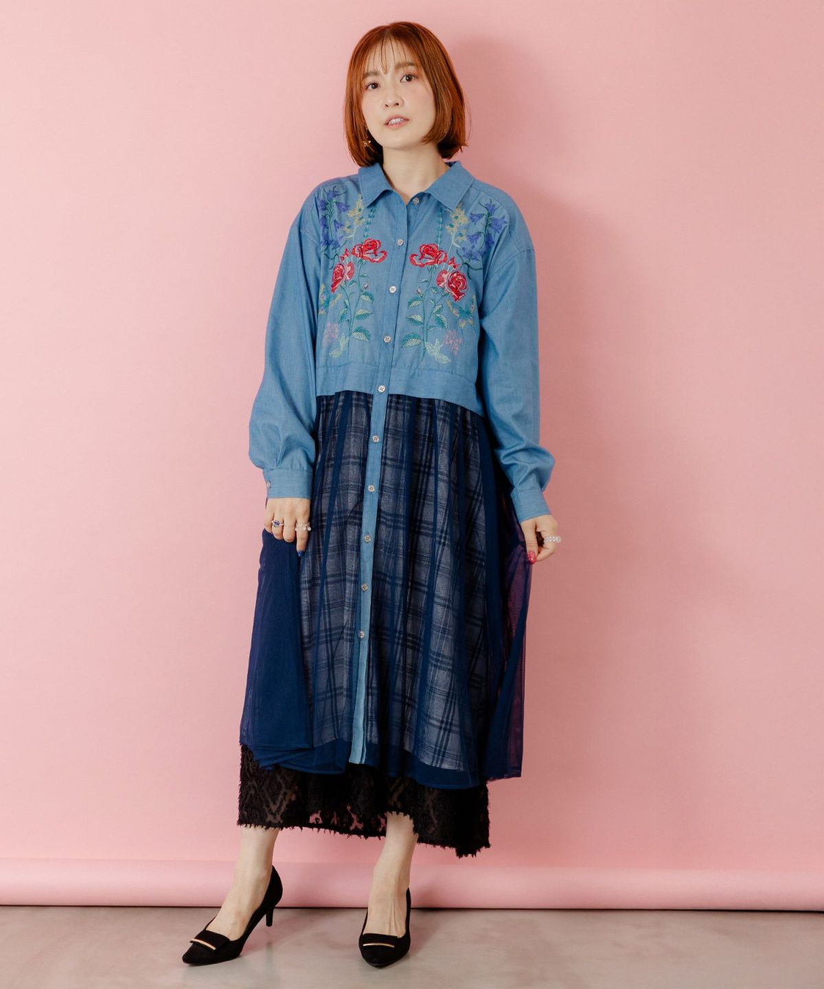 花蝶刺繍チュール重ね チェック柄デニムワンピース-1