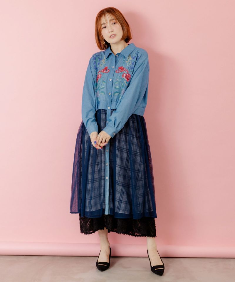 花蝶刺繍チュール重ね チェック柄デニムワンピース-2