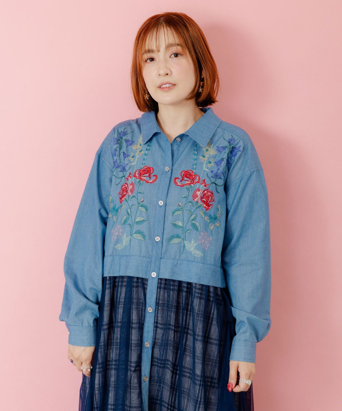 花蝶刺繍チュール重ね チェック柄デニムワンピース-3