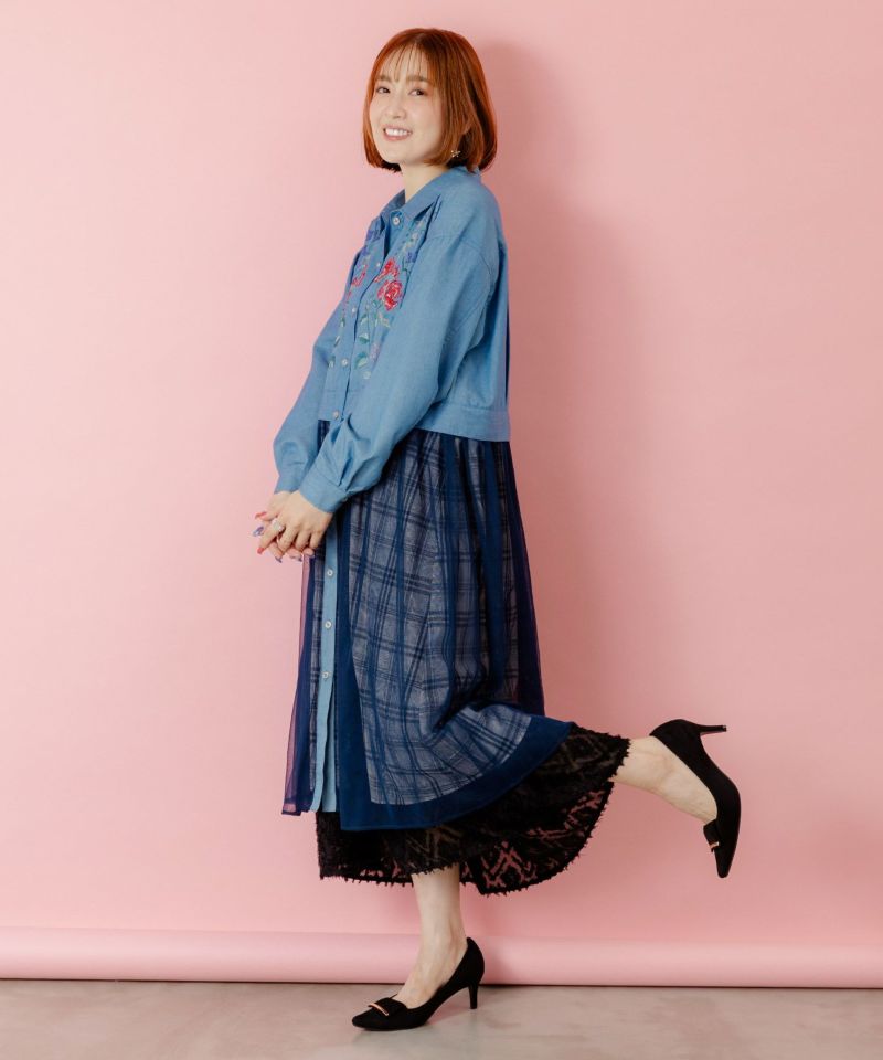 花蝶刺繍チュール重ね チェック柄デニムワンピース-4