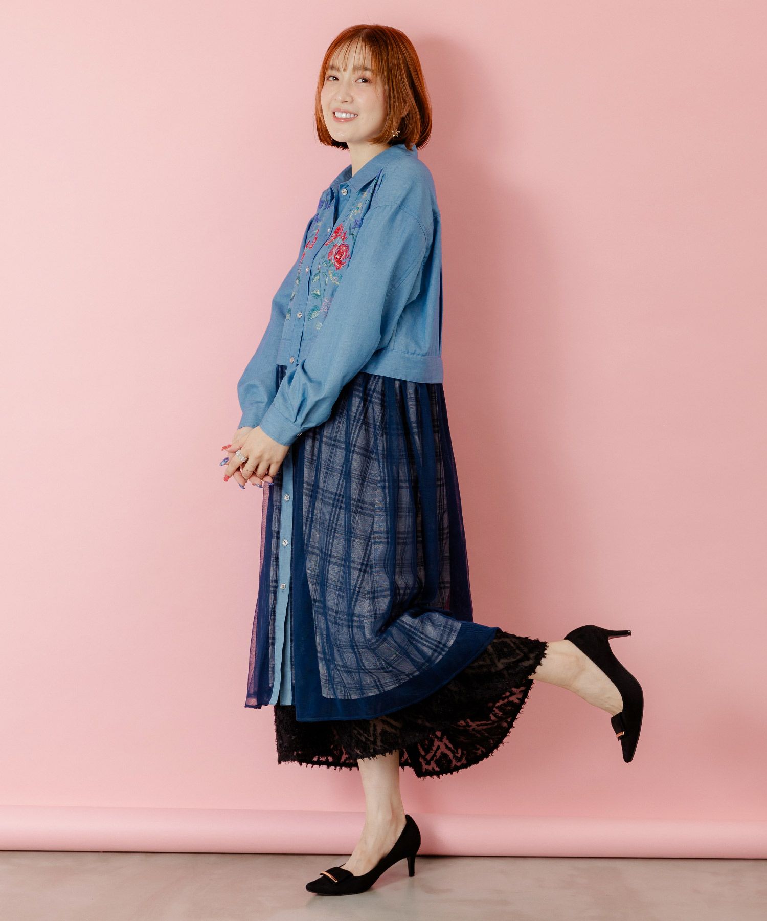 花蝶刺繍チュール重ね チェック柄デニムワンピース-4