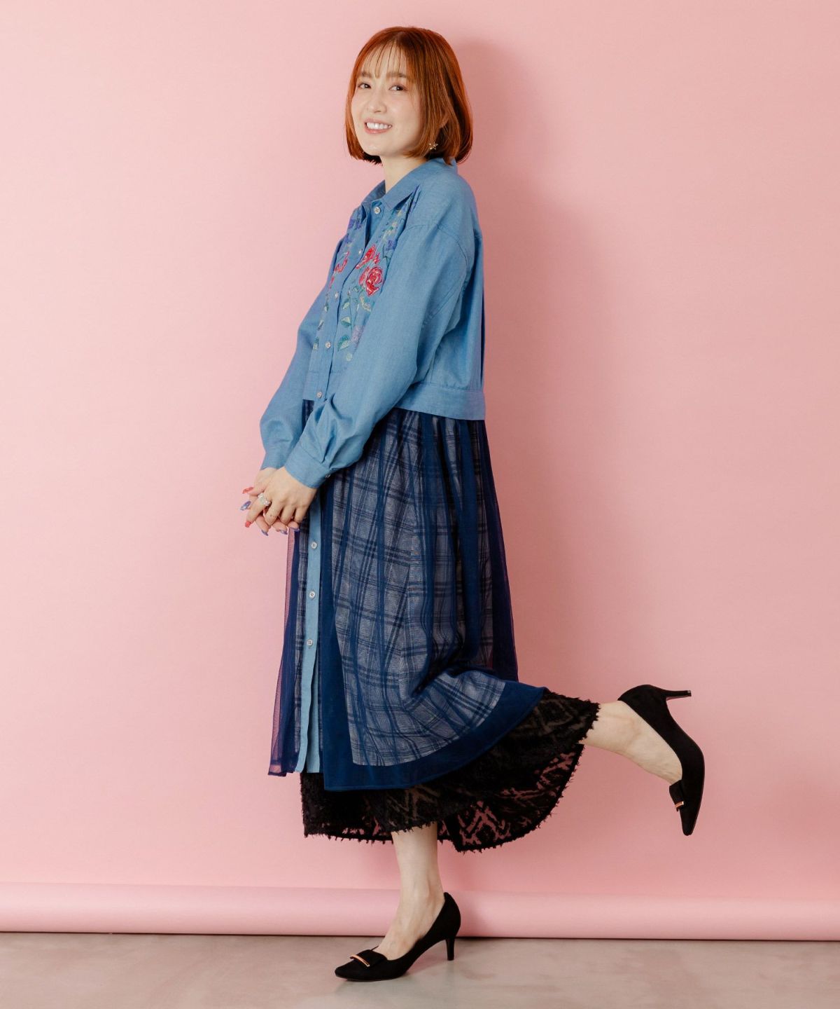 花蝶刺繍チュール重ね チェック柄デニムワンピース-4