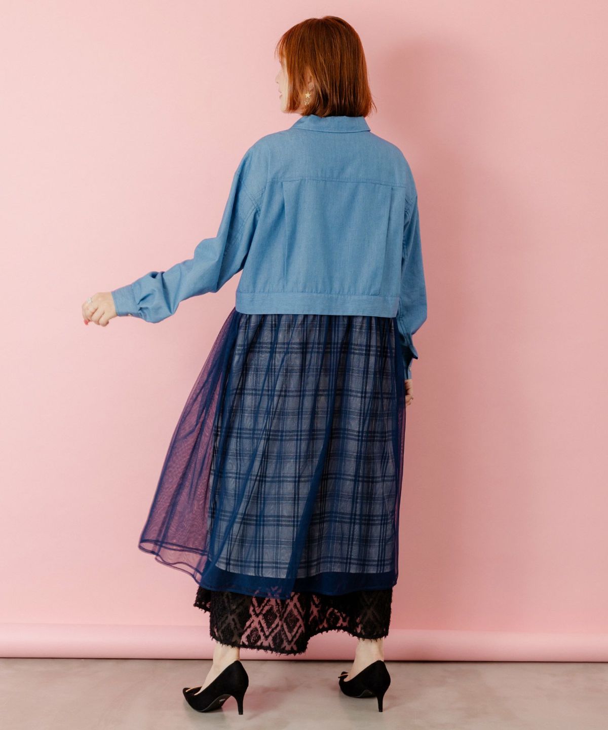 花蝶刺繍チュール重ね チェック柄デニムワンピース-5