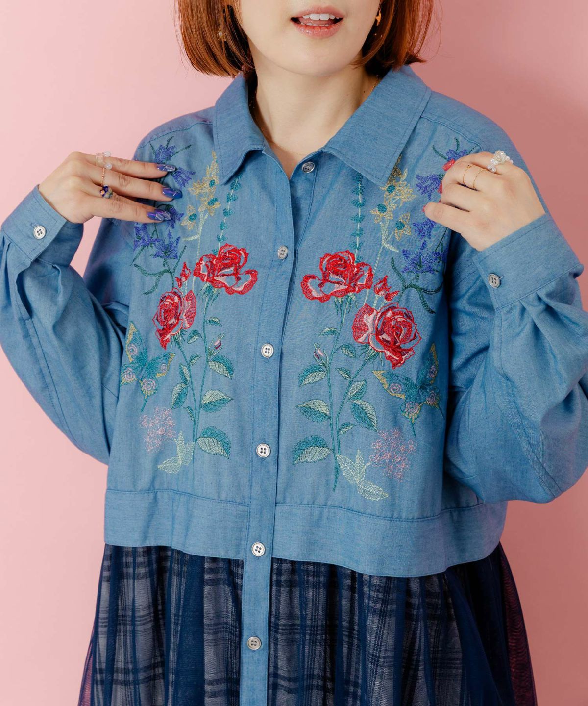 花蝶刺繍チュール重ね チェック柄デニムワンピース-6