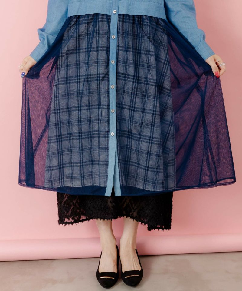 花蝶刺繍チュール重ね チェック柄デニムワンピース-7