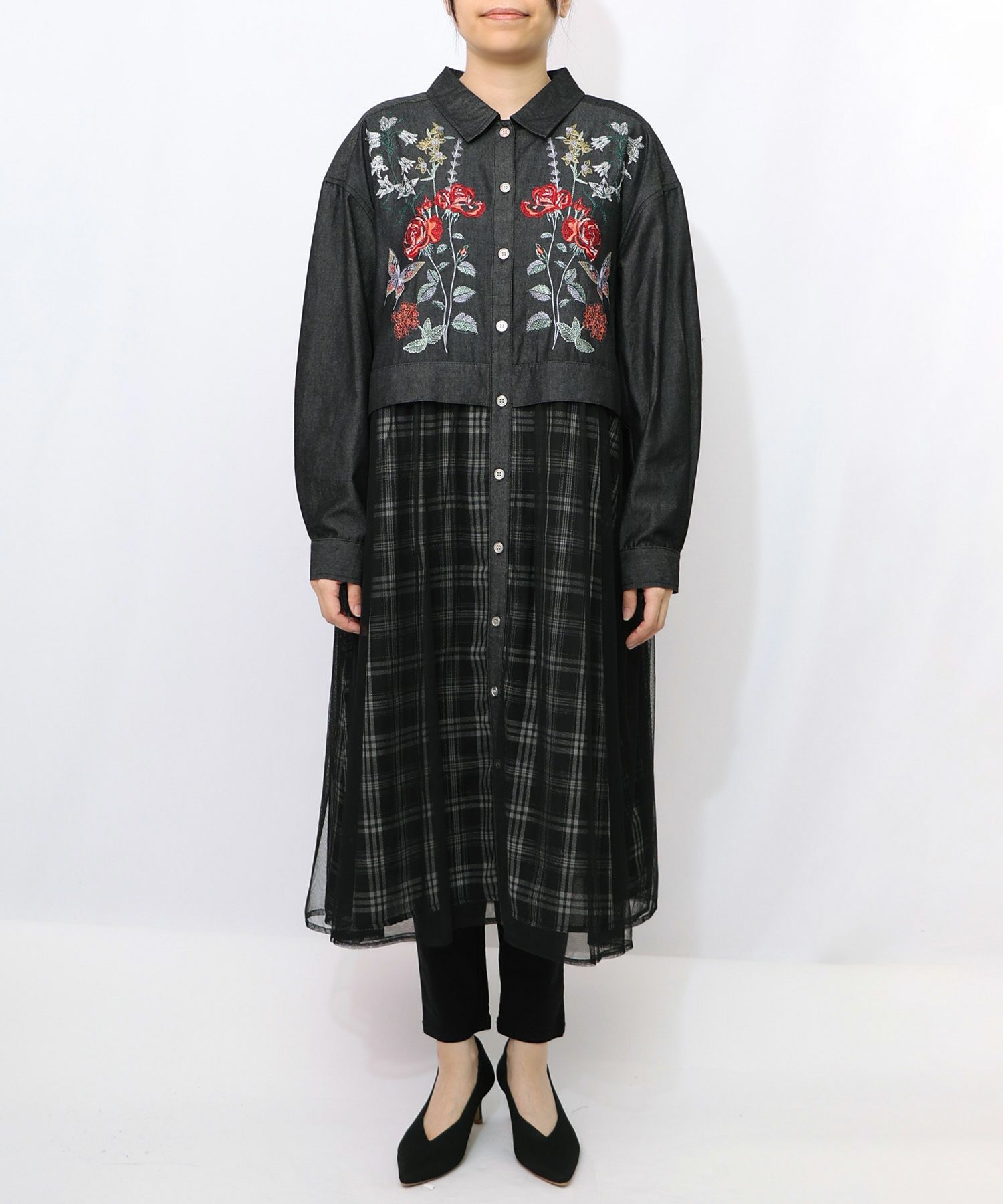 花蝶刺繍チュール重ね チェック柄デニムワンピース-8