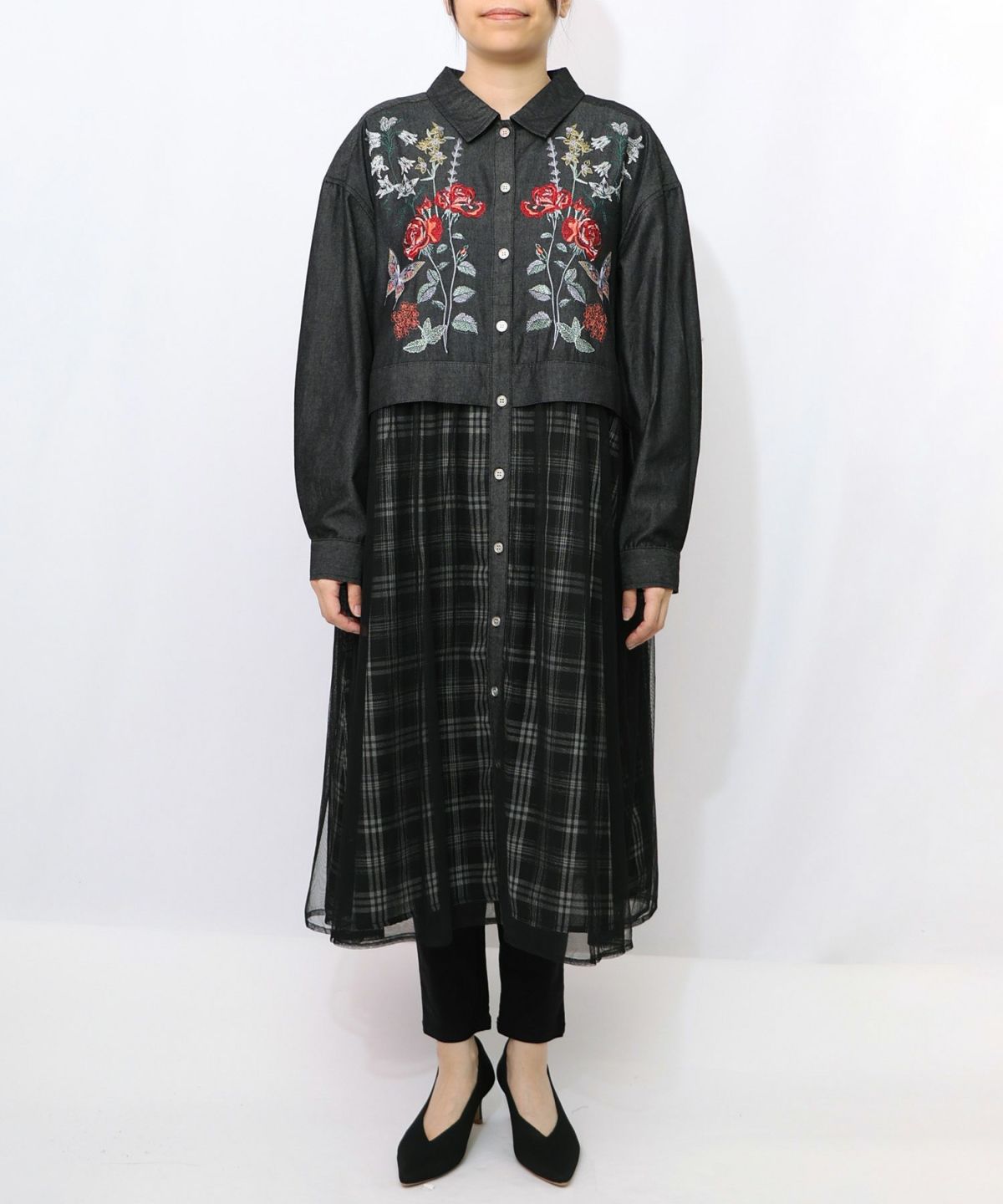 花蝶刺繍チュール重ね チェック柄デニムワンピース-8