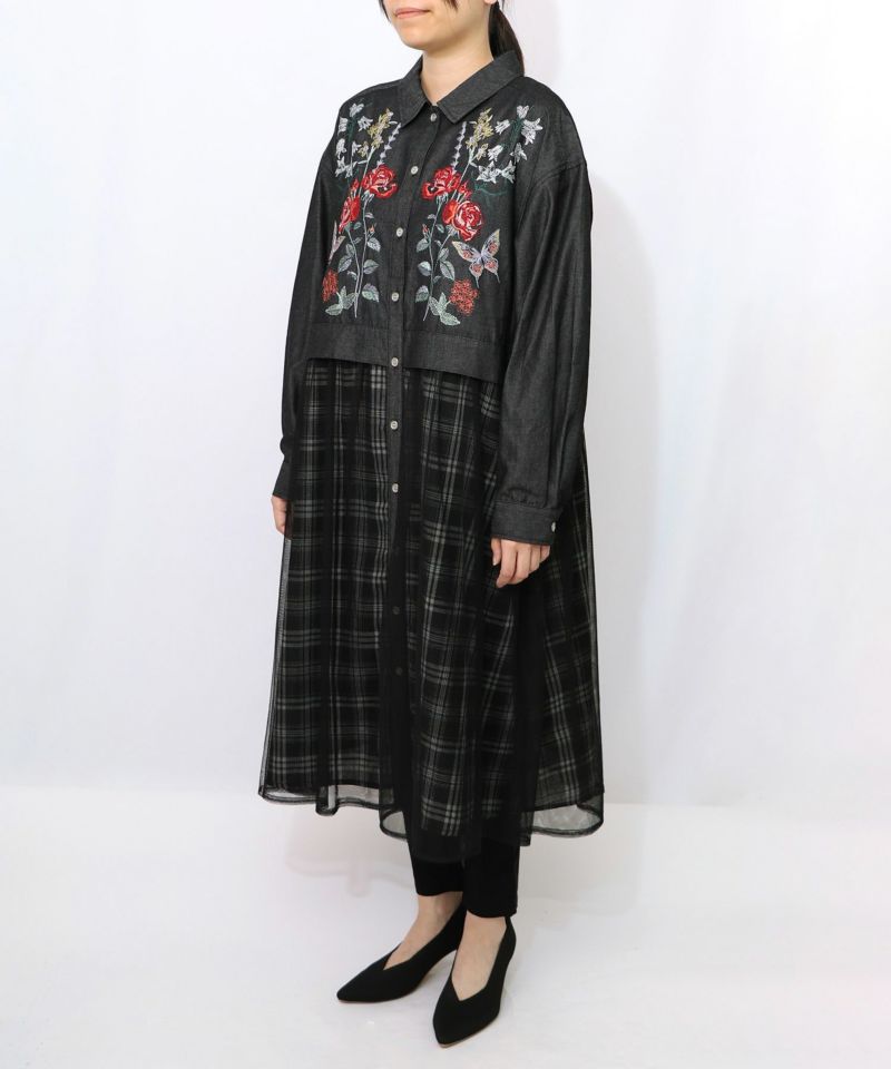 花蝶刺繍チュール重ね チェック柄デニムワンピース-9