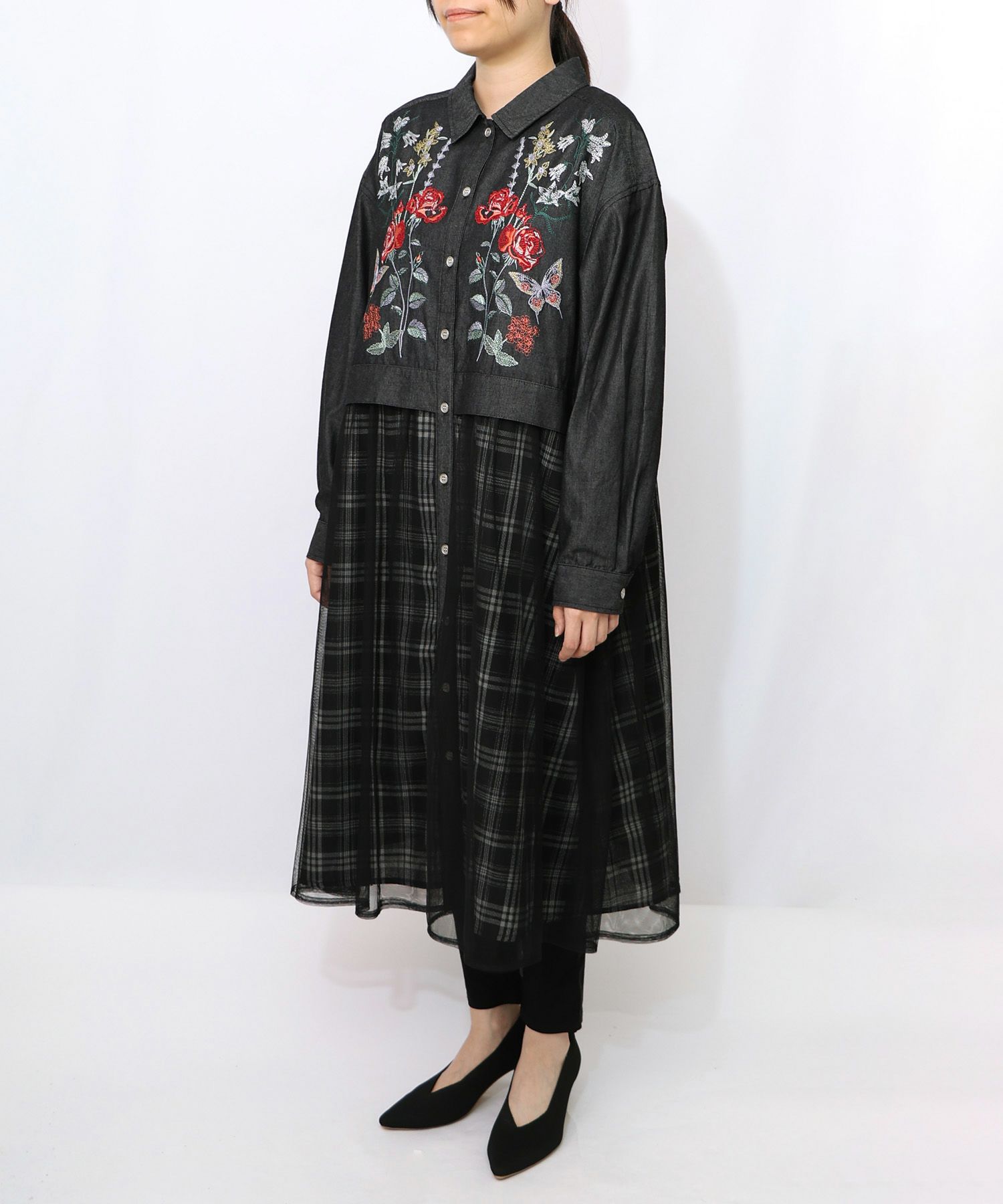 花蝶刺繍チュール重ね チェック柄デニムワンピース-9