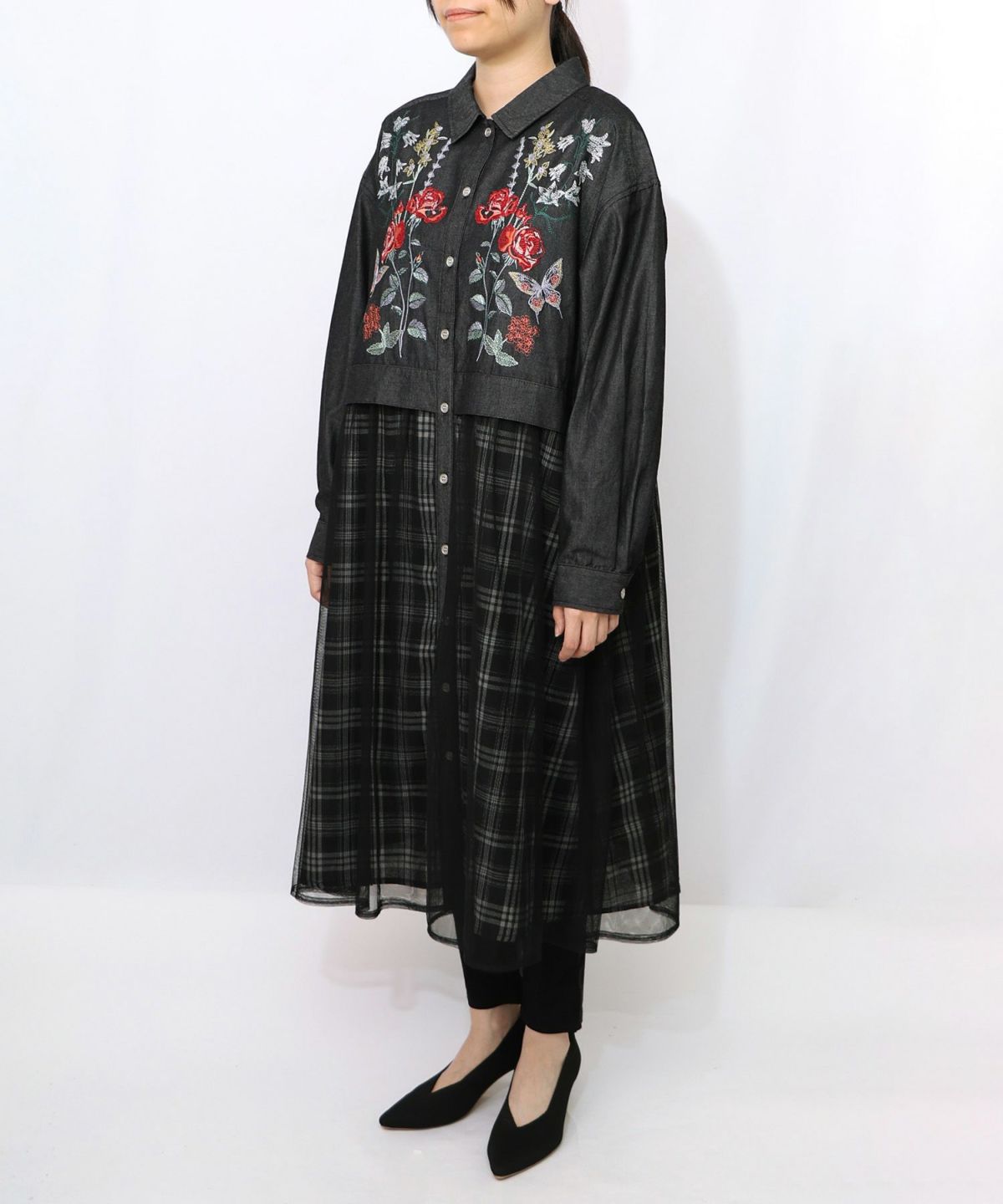 花蝶刺繍チュール重ね チェック柄デニムワンピース-9