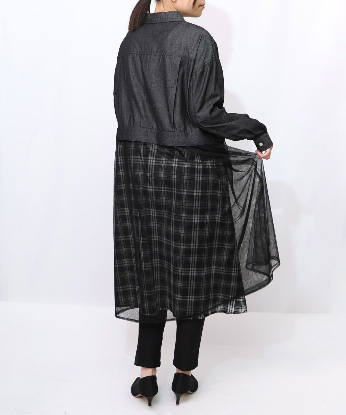 花蝶刺繍チュール重ね チェック柄デニムワンピース-10