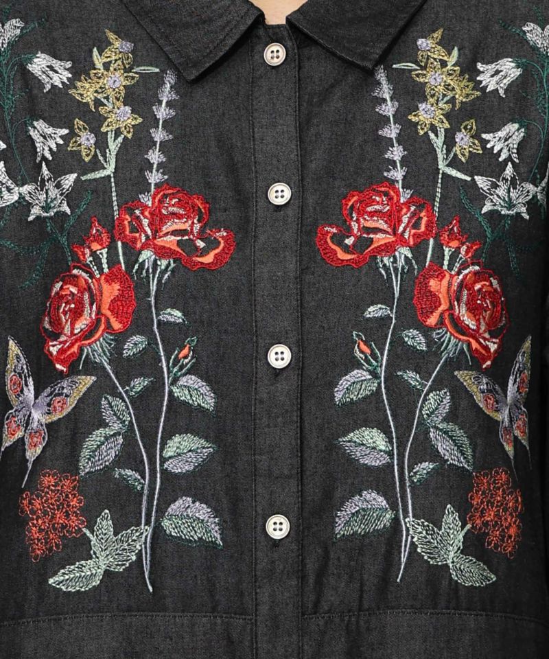 花蝶刺繍チュール重ね チェック柄デニムワンピース-11