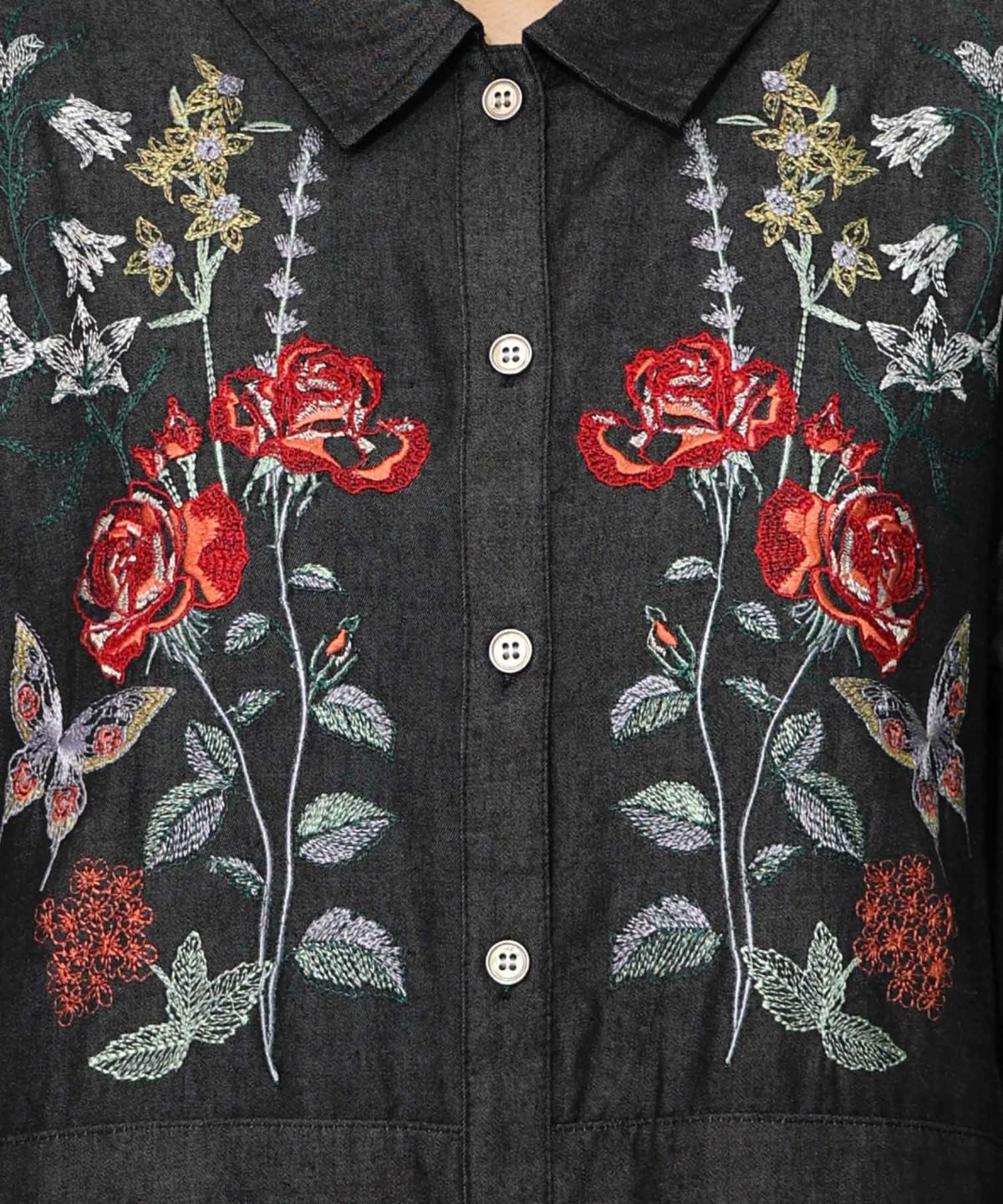 花蝶刺繍チュール重ね チェック柄デニムワンピース-11