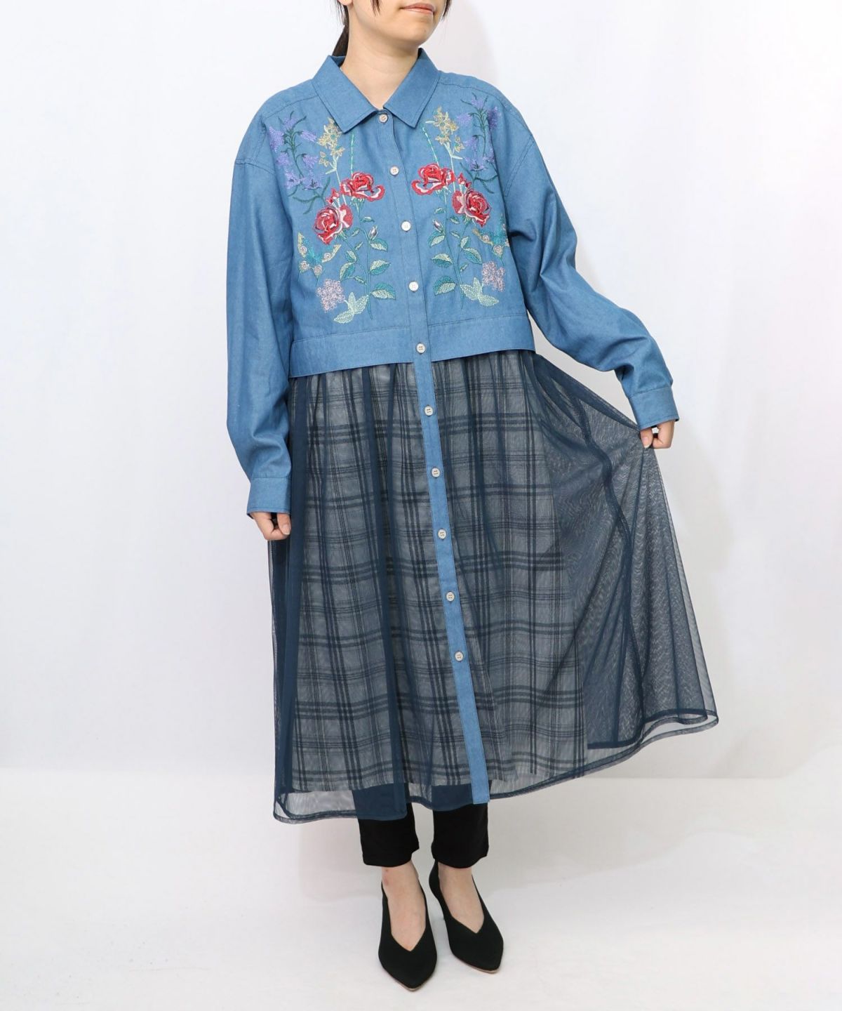 花蝶刺繍チュール重ね チェック柄デニムワンピース-12