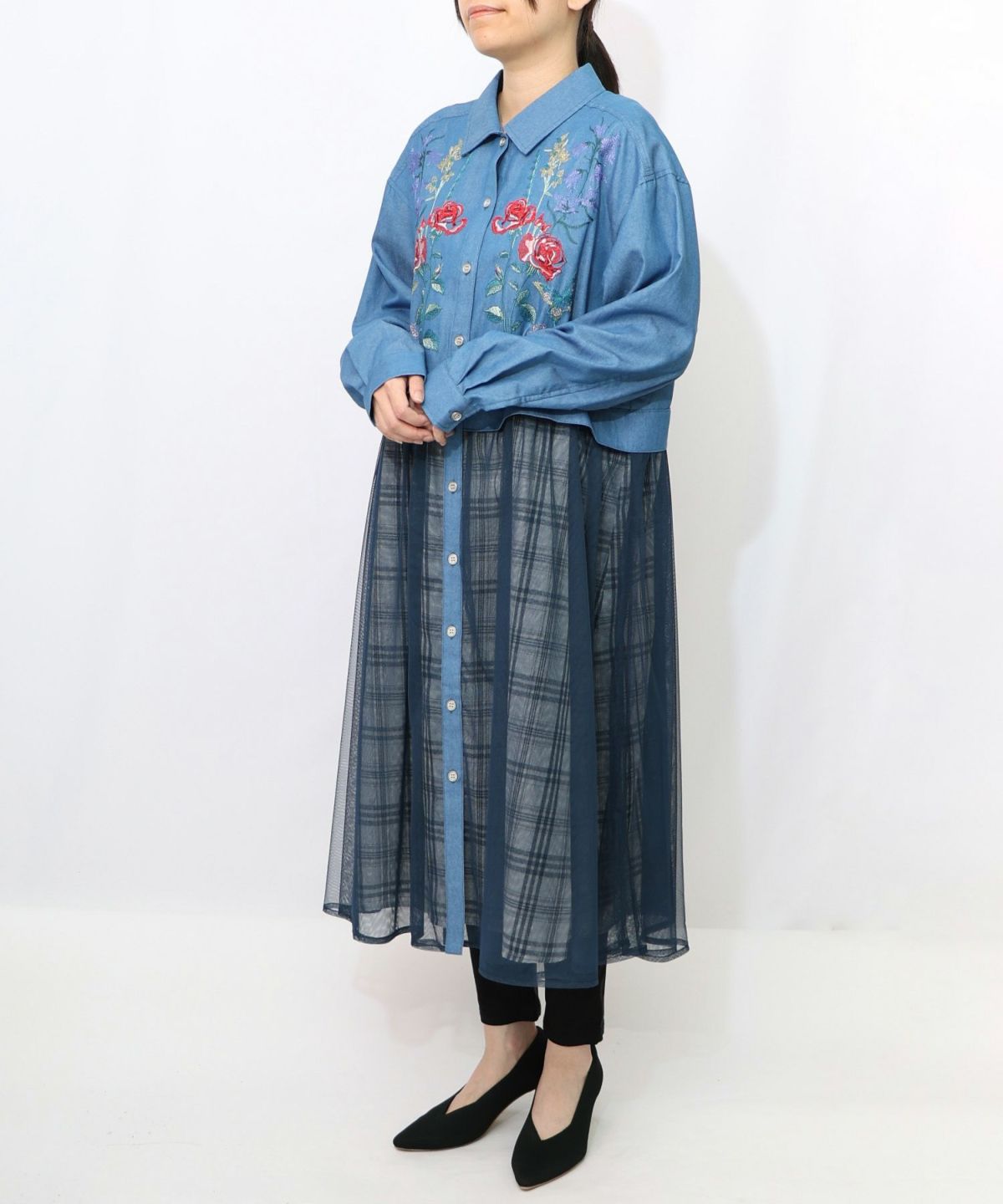 花蝶刺繍チュール重ね チェック柄デニムワンピース-13