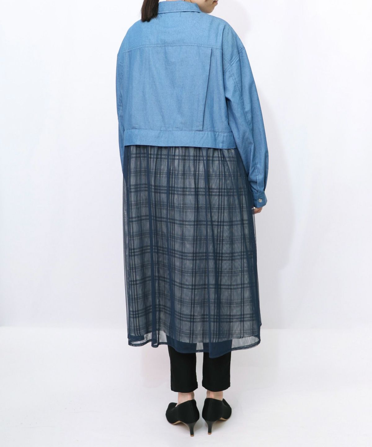 花蝶刺繍チュール重ね チェック柄デニムワンピース-14