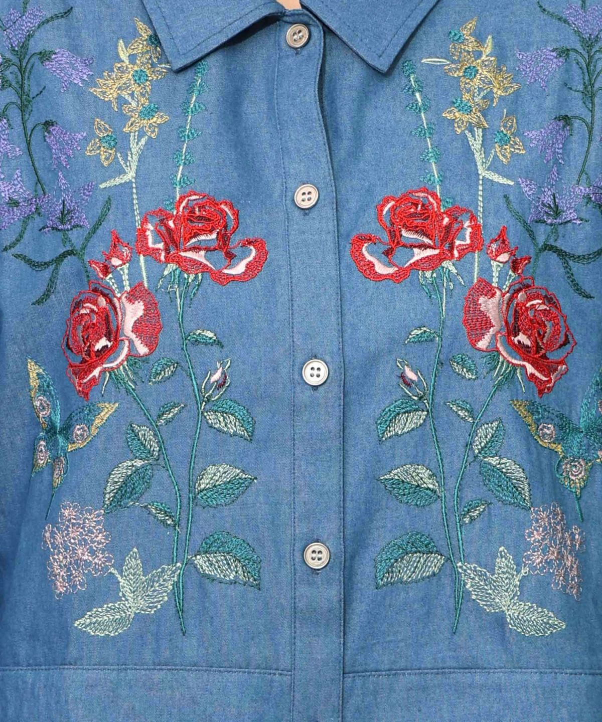 花蝶刺繍チュール重ね チェック柄デニムワンピース-15