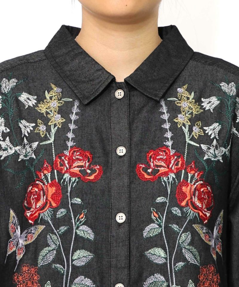 花蝶刺繍チュール重ね チェック柄デニムワンピース-16