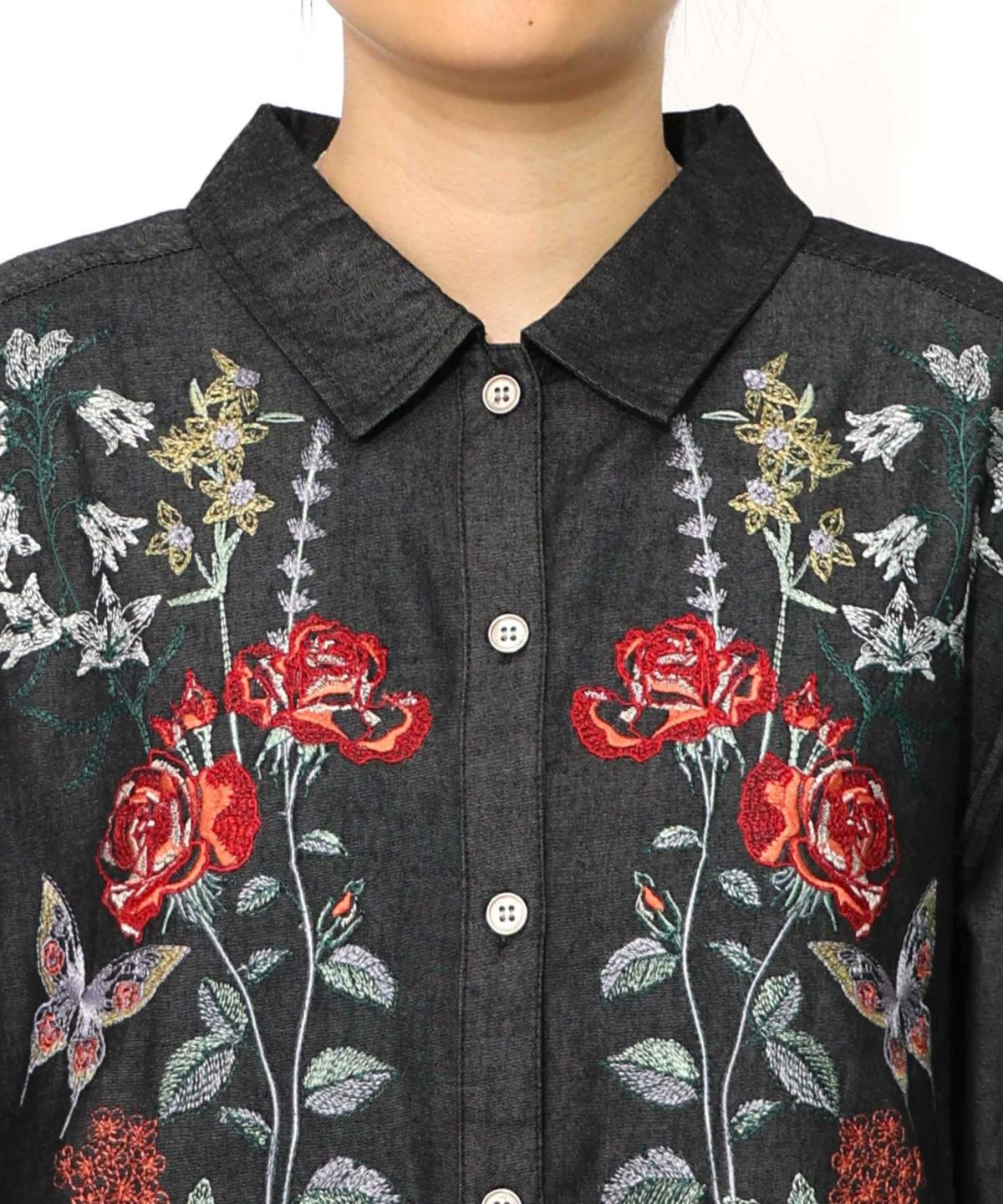 花蝶刺繍チュール重ね チェック柄デニムワンピース-16