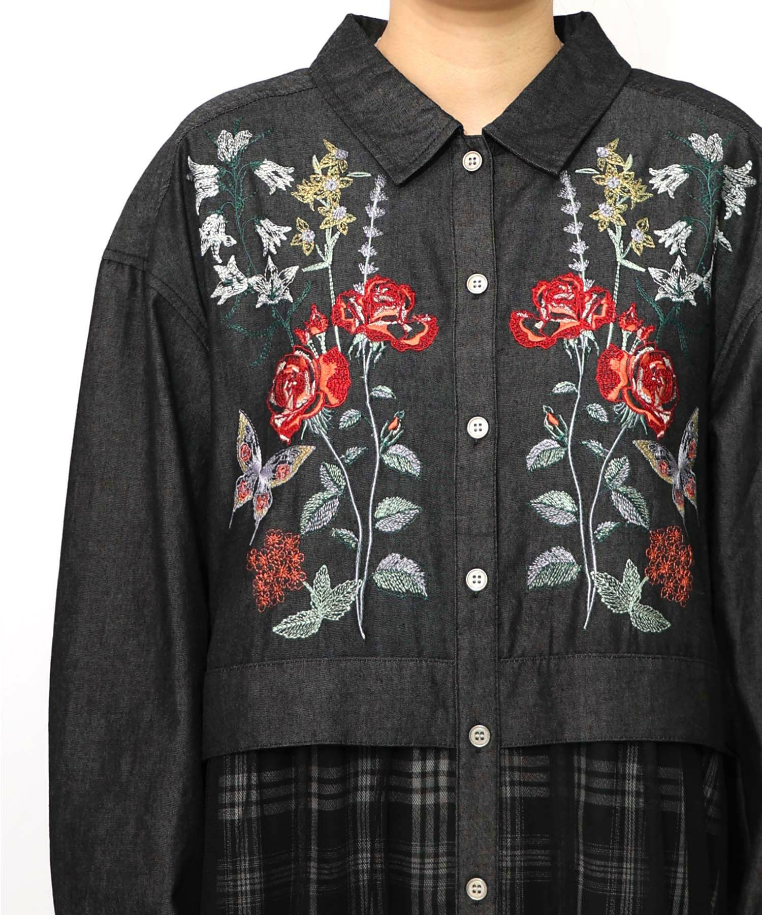 花蝶刺繍チュール重ね チェック柄デニムワンピース-17