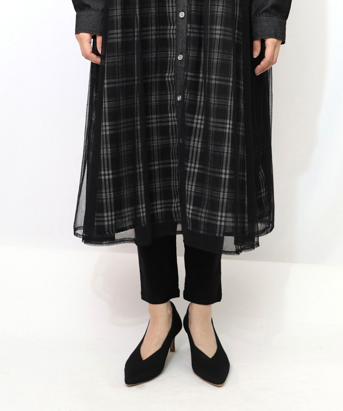 花蝶刺繍チュール重ね チェック柄デニムワンピース-18