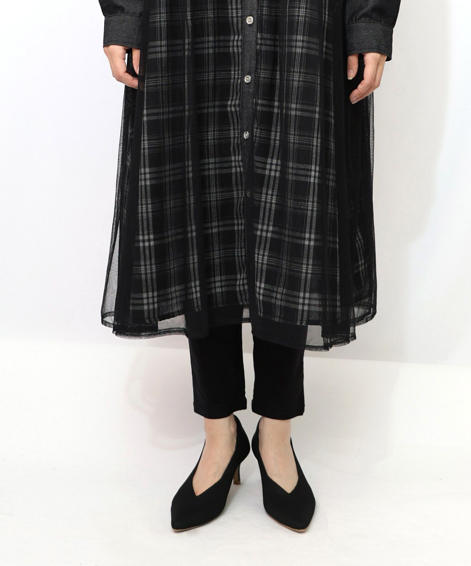 花蝶刺繍チュール重ね チェック柄デニムワンピース-18