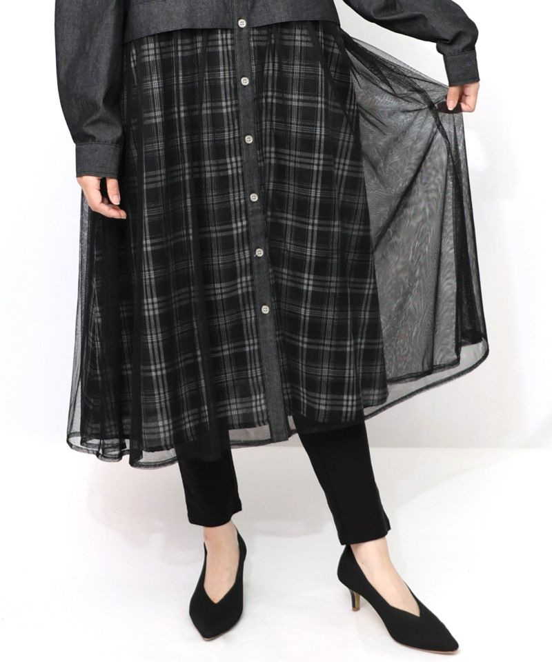 花蝶刺繍チュール重ね チェック柄デニムワンピース-19