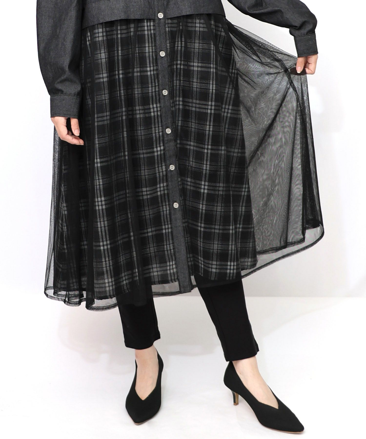 花蝶刺繍チュール重ね チェック柄デニムワンピース-19