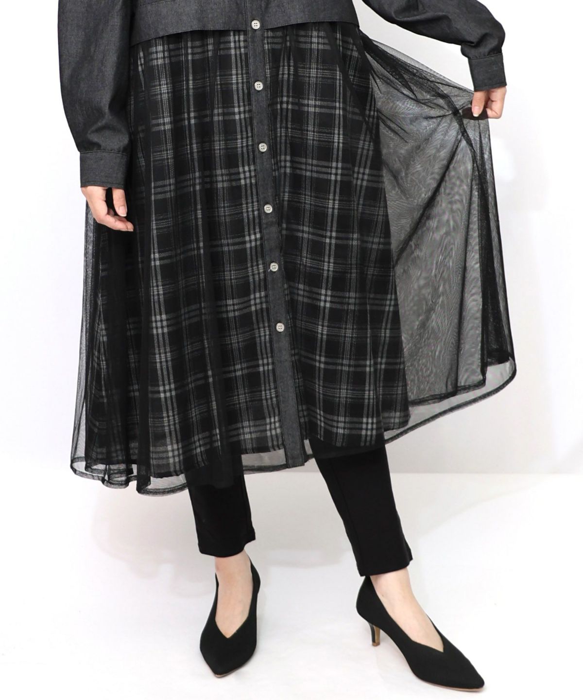 花蝶刺繍チュール重ね チェック柄デニムワンピース-19