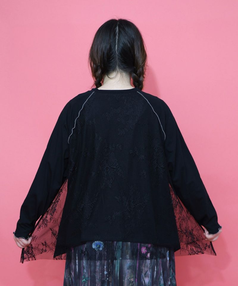 花とメリーゴーランド柄レース重ねロンT-4
