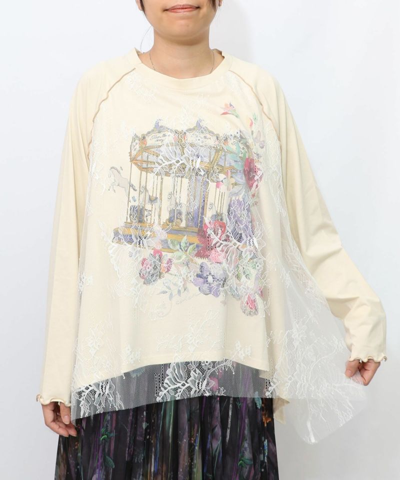 花とメリーゴーランド柄レース重ねロンT-7