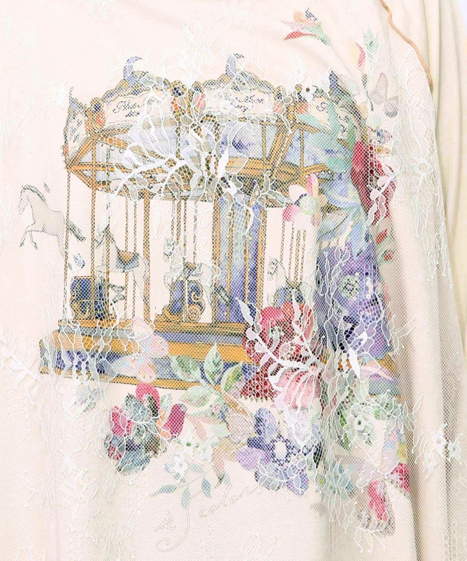 花とメリーゴーランド柄レース重ねロンT-10