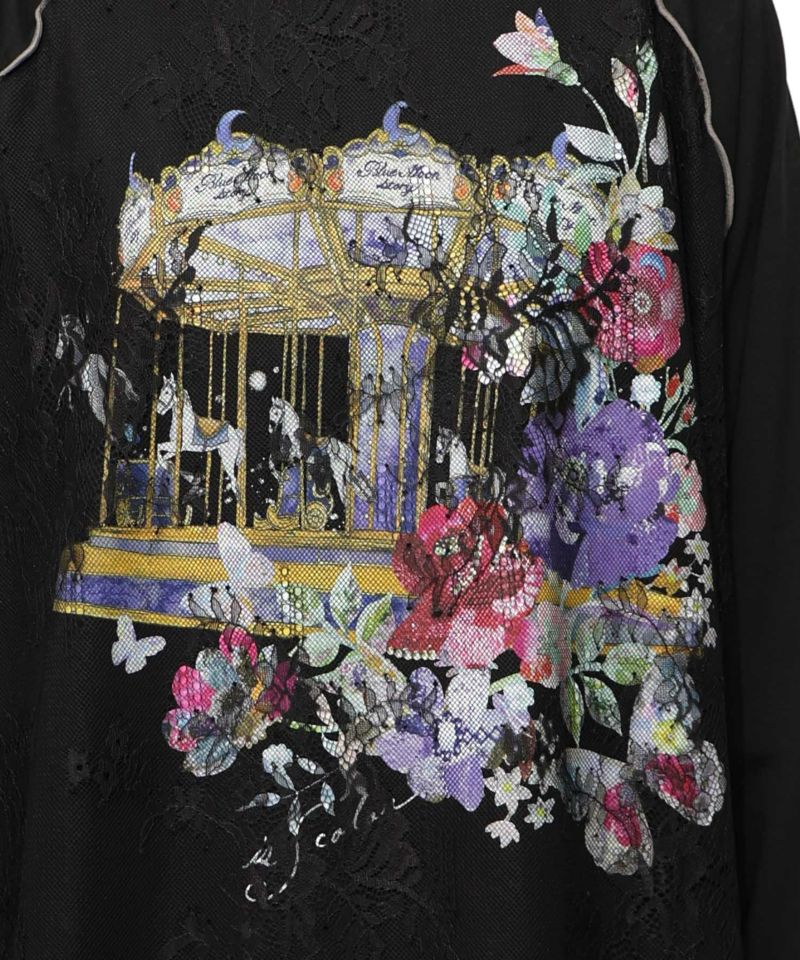 花とメリーゴーランド柄レース重ねロンT-14