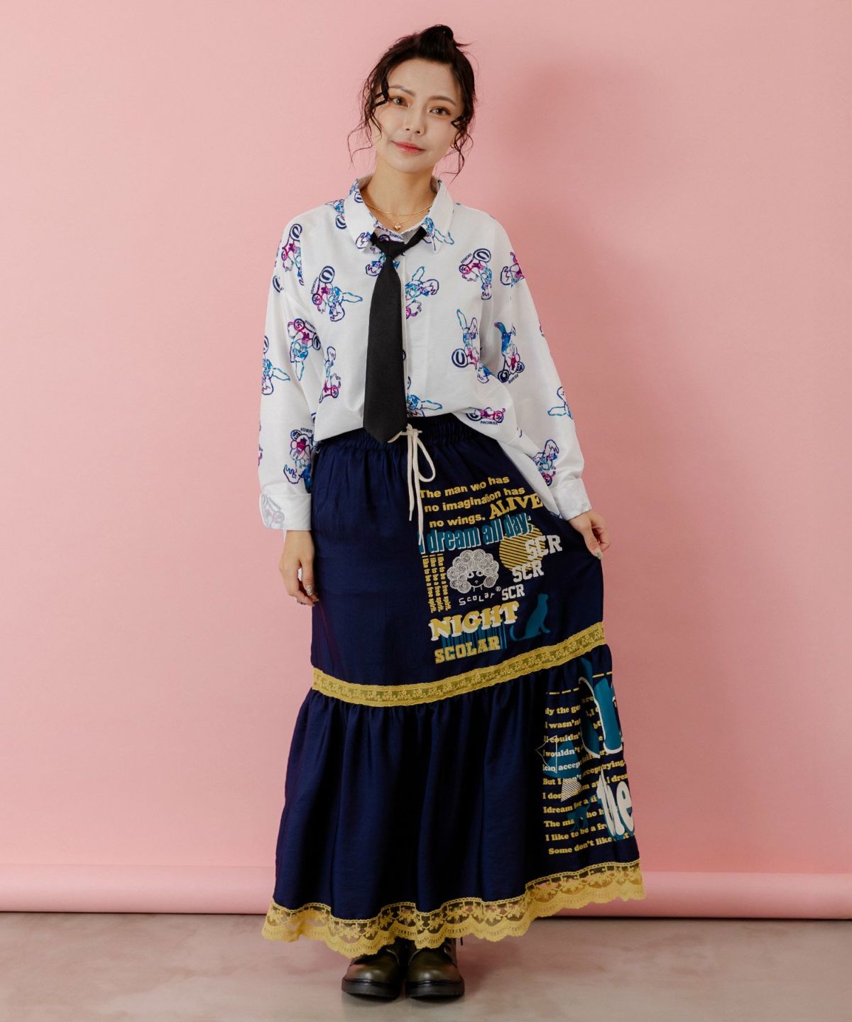 パチうさ×ラビル柄 ネクタイ付きシャツ-2