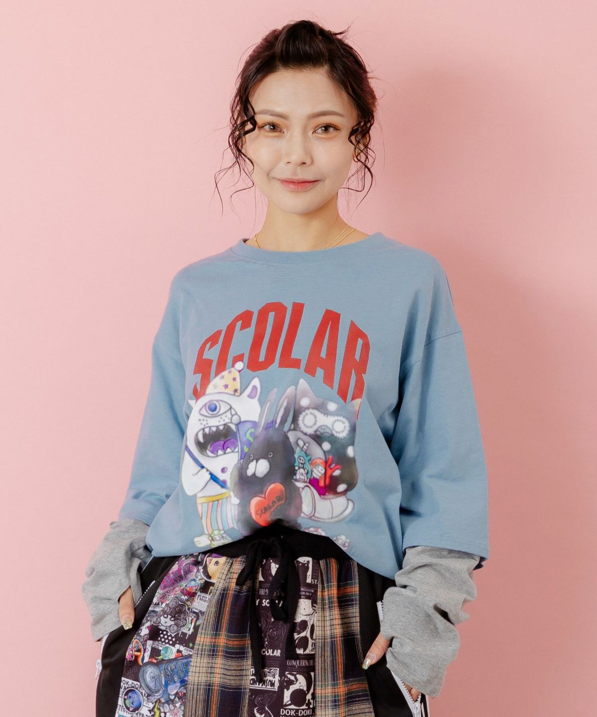 スカラーキャラクターズ柄 レイヤード風ロンT-3