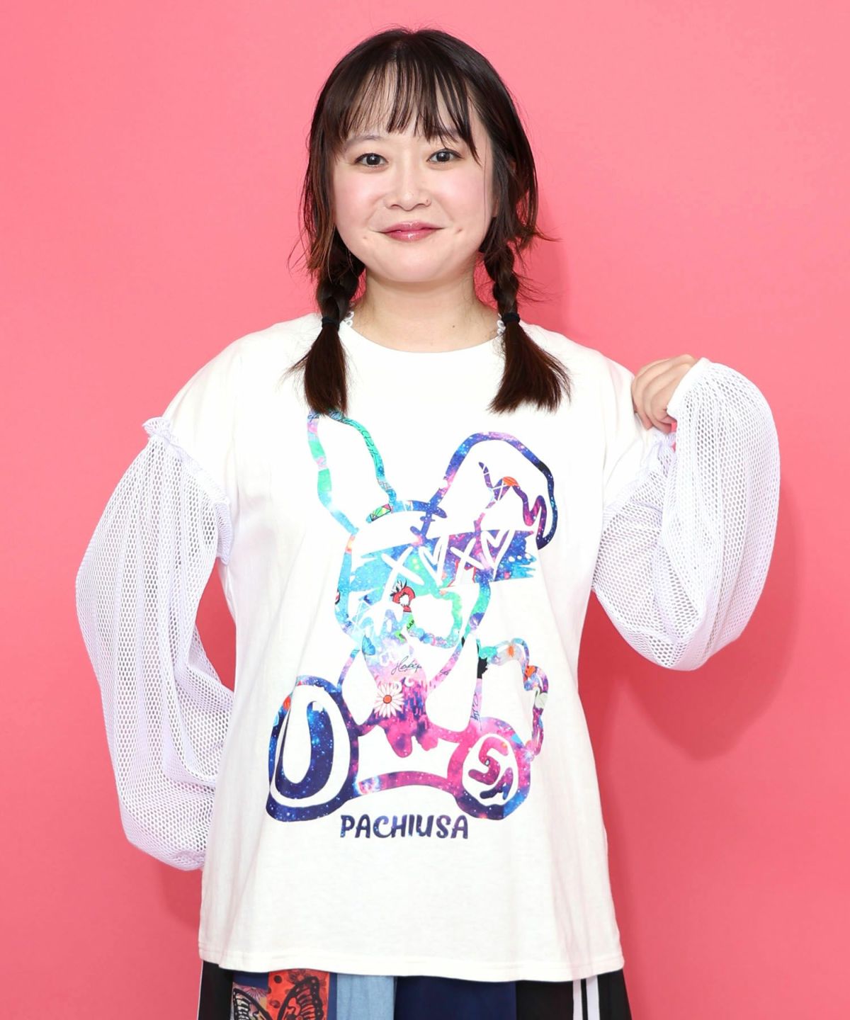 パチうさプリント メッシュ袖Tシャツ-1