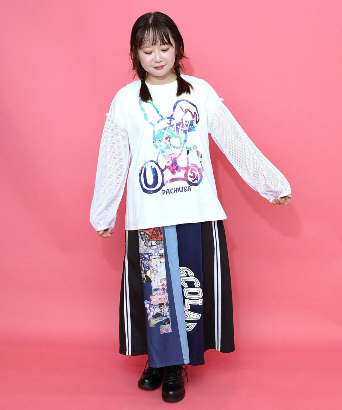 パチうさプリント メッシュ袖Tシャツ-2