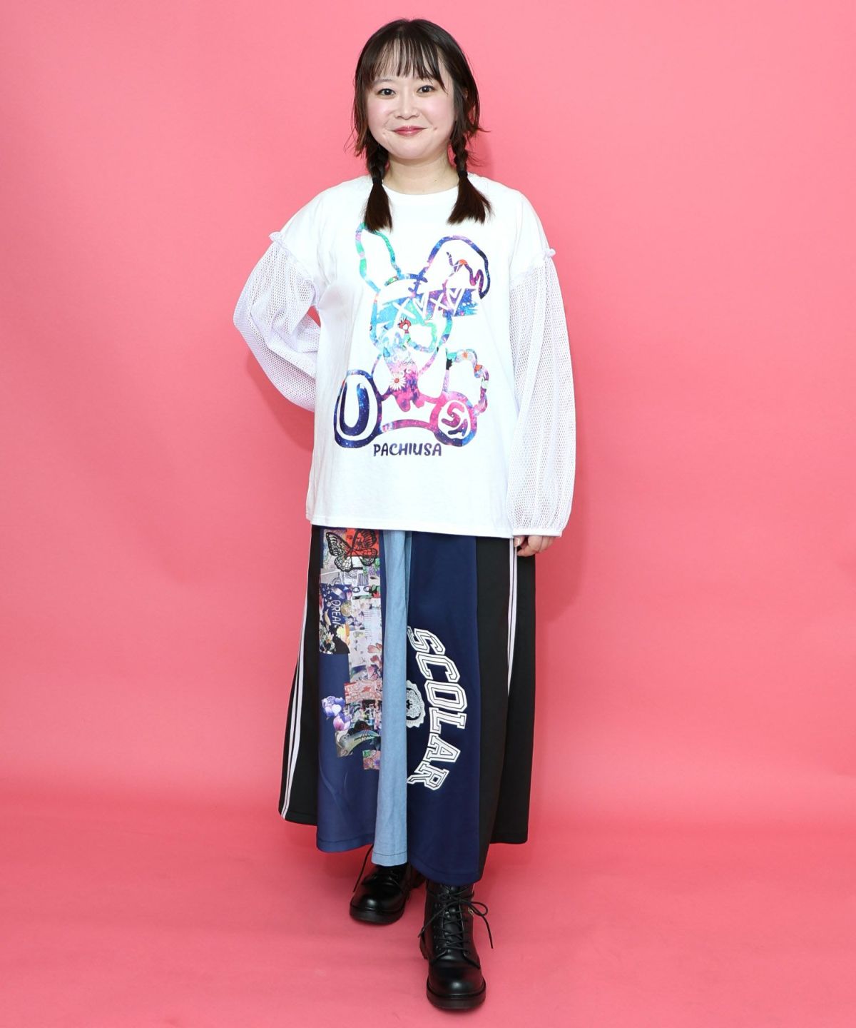 パチうさプリント メッシュ袖Tシャツ-3