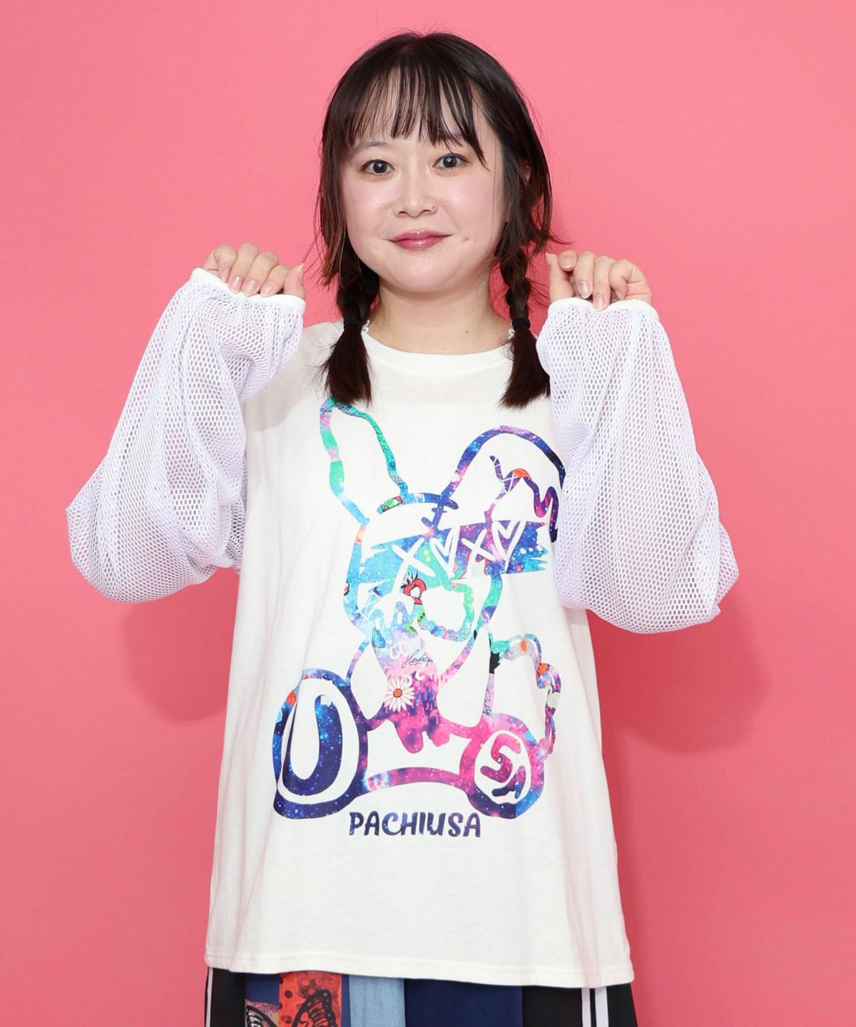 パチうさプリント メッシュ袖Tシャツ-4