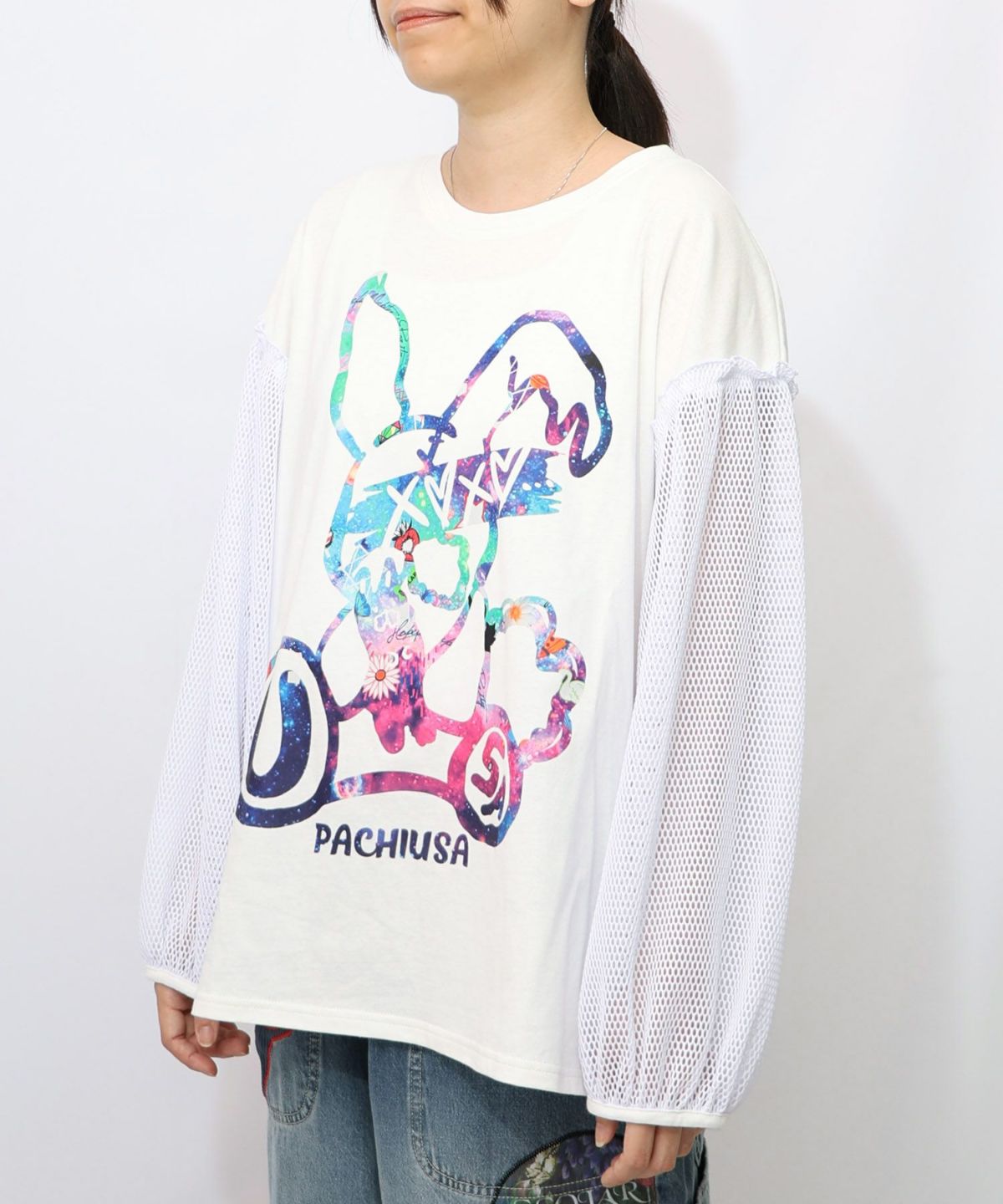 パチうさプリント メッシュ袖Tシャツ-9
